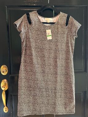 NWT, Michael Kors Leopard Cold-Shoulder Mini Dress in Black & Cream, Size Large